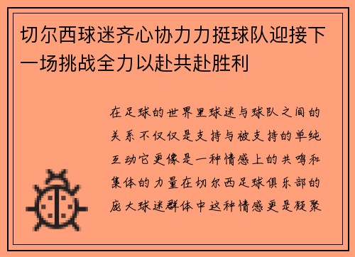 切尔西球迷齐心协力力挺球队迎接下一场挑战全力以赴共赴胜利
