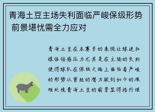 青海土豆主场失利面临严峻保级形势 前景堪忧需全力应对